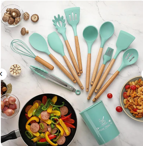 12-Piece Silicone Kitchen Utensil Set with Wooden Handles